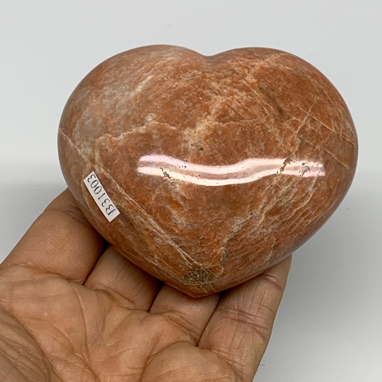 0.58 lbs, 2.8"x3.2"x1.4", Pink Peach Moonstone Heart Crystal Polished, B31003