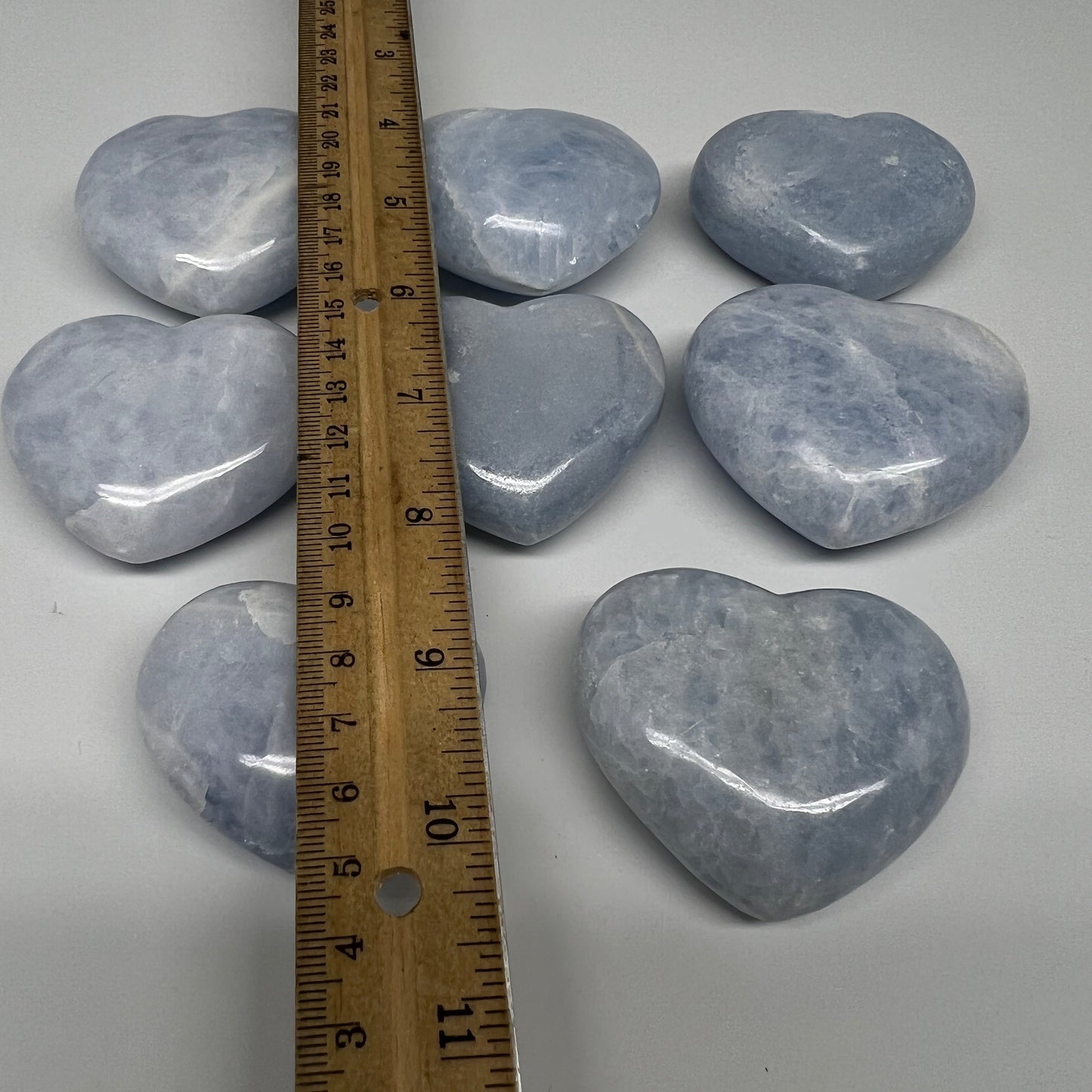 1025g (2.2 lbs) , 8 pcs, 1.9"- 2.2", Blue Calcite Hearts from Madagascar, B20855