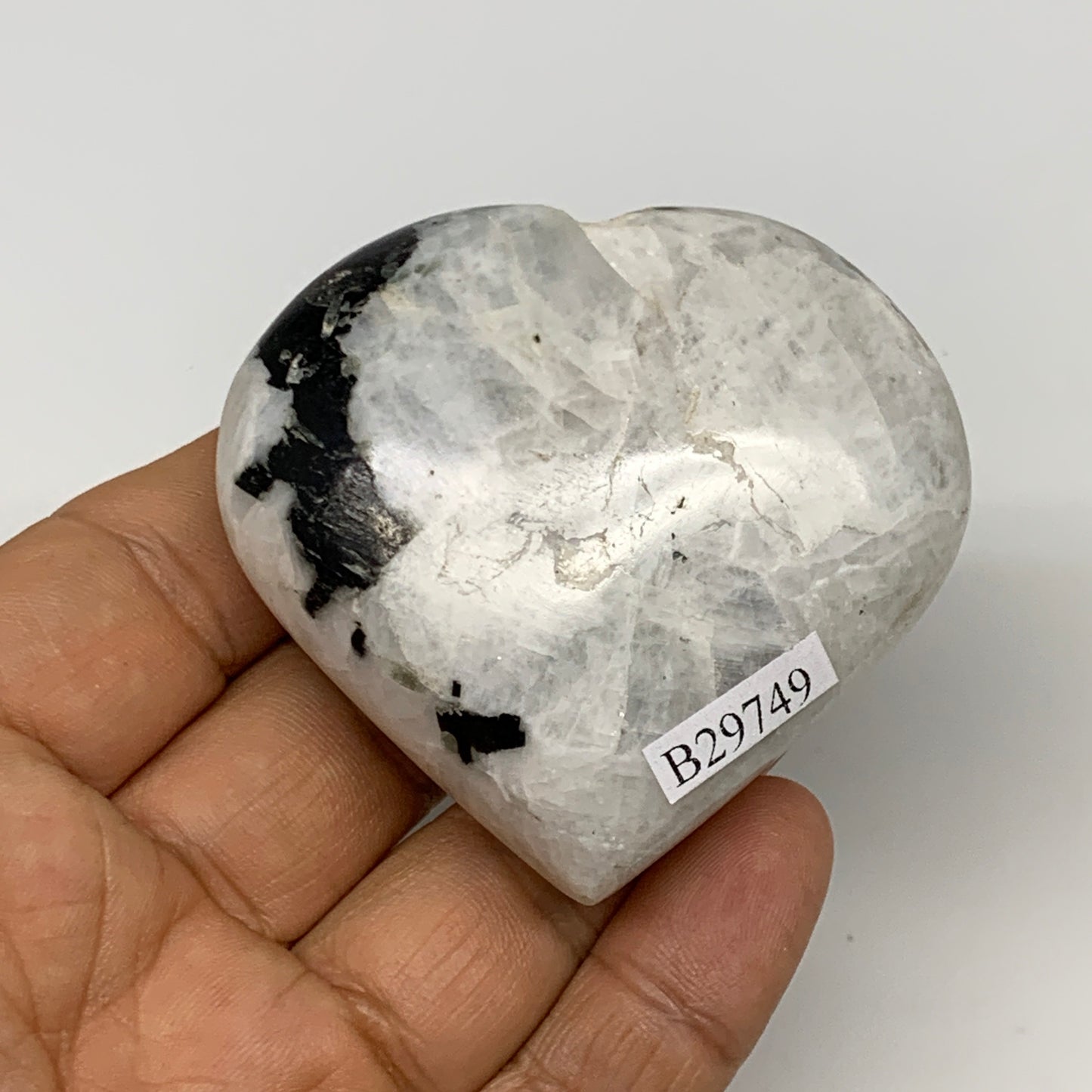109.3g, 2.2"x2.3"x0.9", Rainbow Moonstone Heart Crystal Gemstone @India, B29749