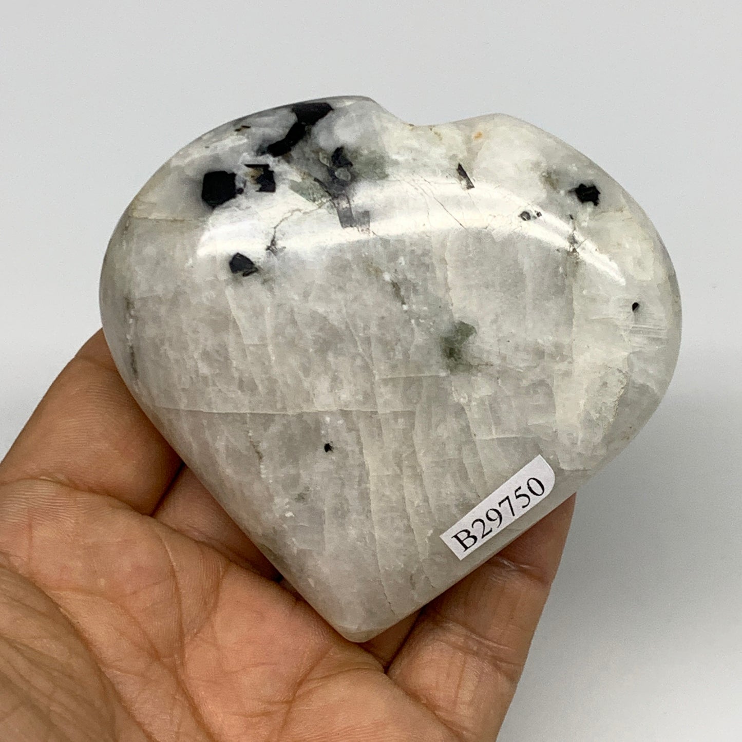 184.9g, 2.7"x3"x1", Rainbow Moonstone Heart Crystal Gemstone @India, B29750