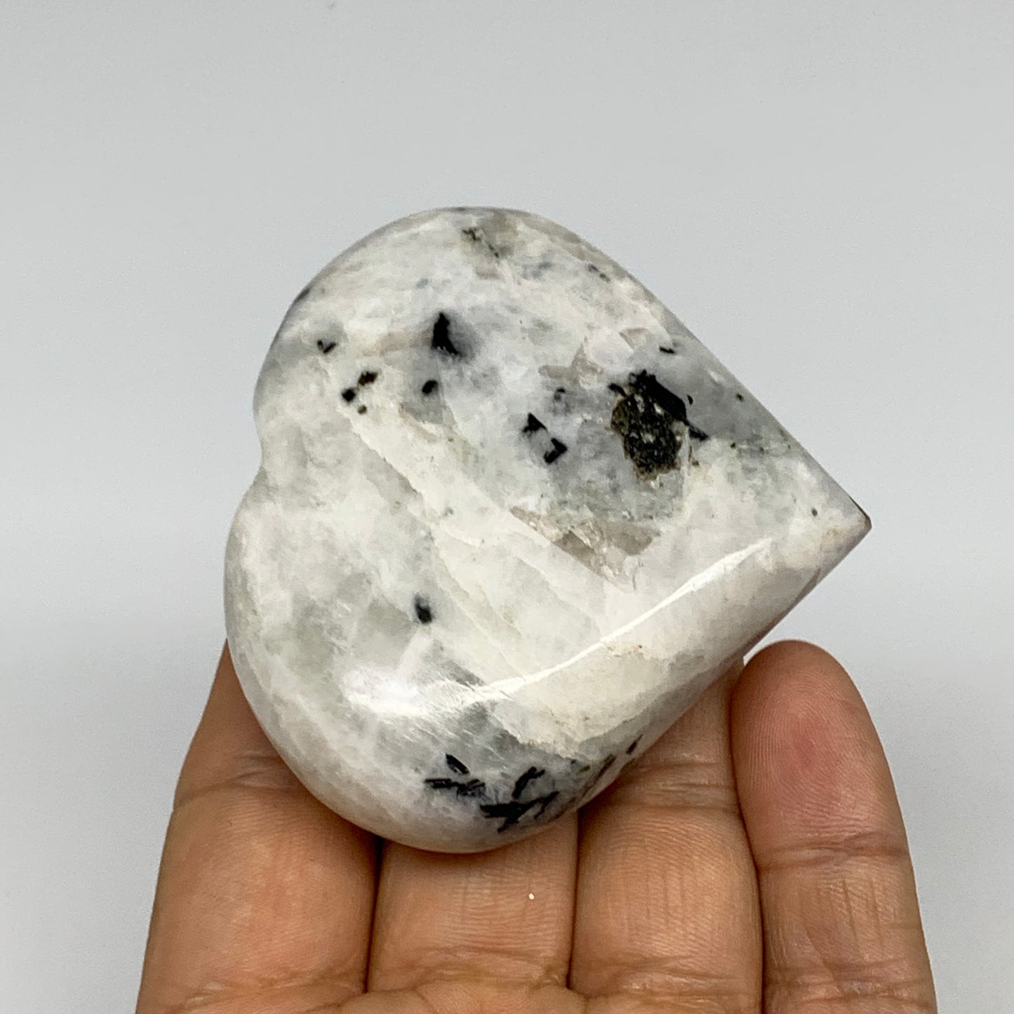 124.9g, 2.3"x2.6"x0.9", Rainbow Moonstone Heart Crystal Gemstone @India, B29755