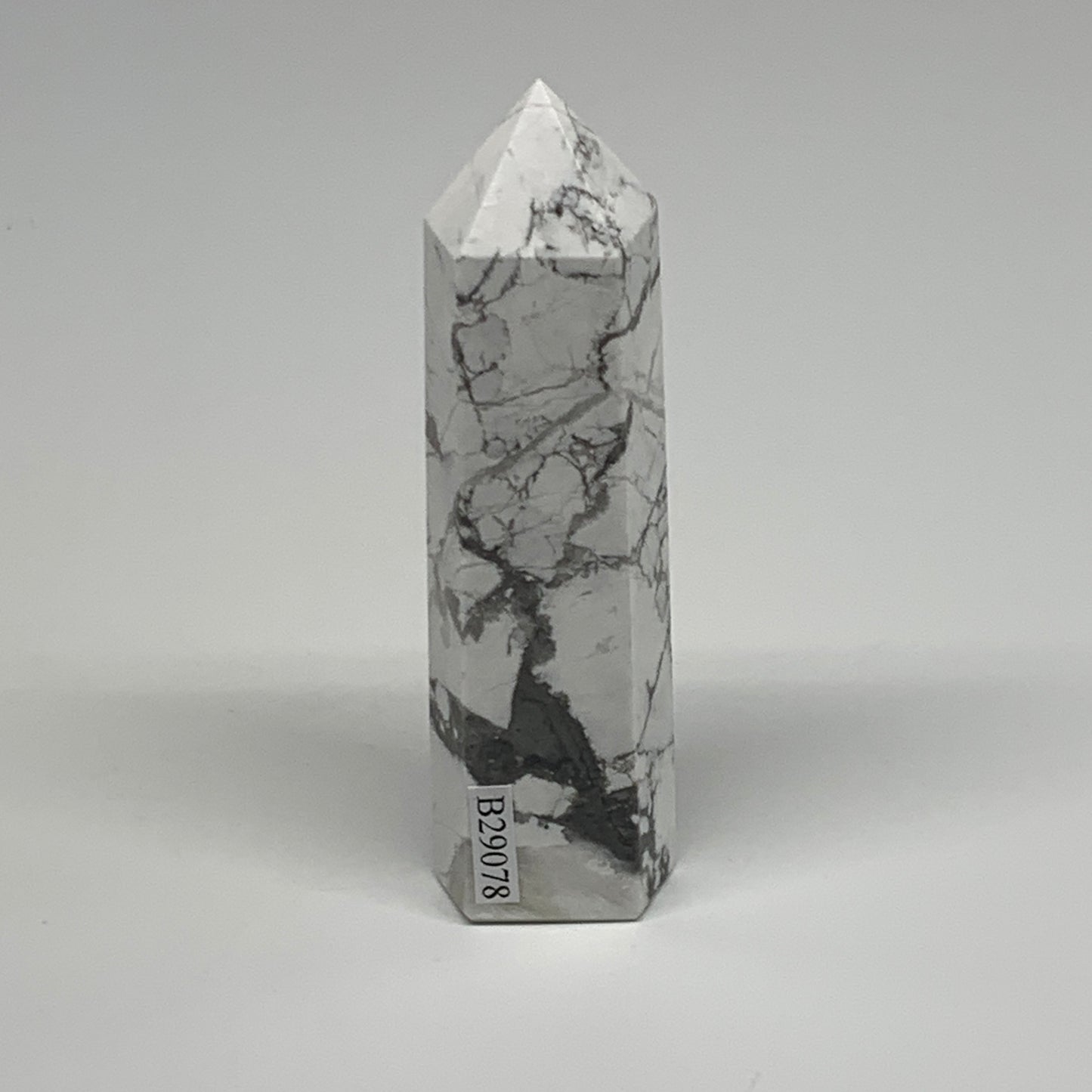 114.2g, 3.7"x1"x0.9", Natural Howlite Point Tower Obelisk Crystal, B29078