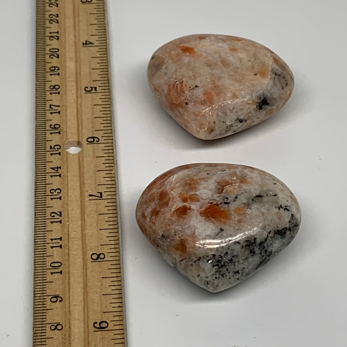 149.9g,1.7"-1.8", 2pcs, Sunstone Heart Polished Healing Crystal, B34801