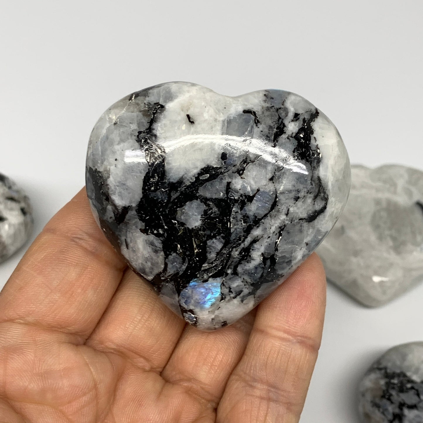 995g (2.19 lbs) , 10 pcs, 2"- 2.2", Rainbow Moonstone Hearts from India, B26402