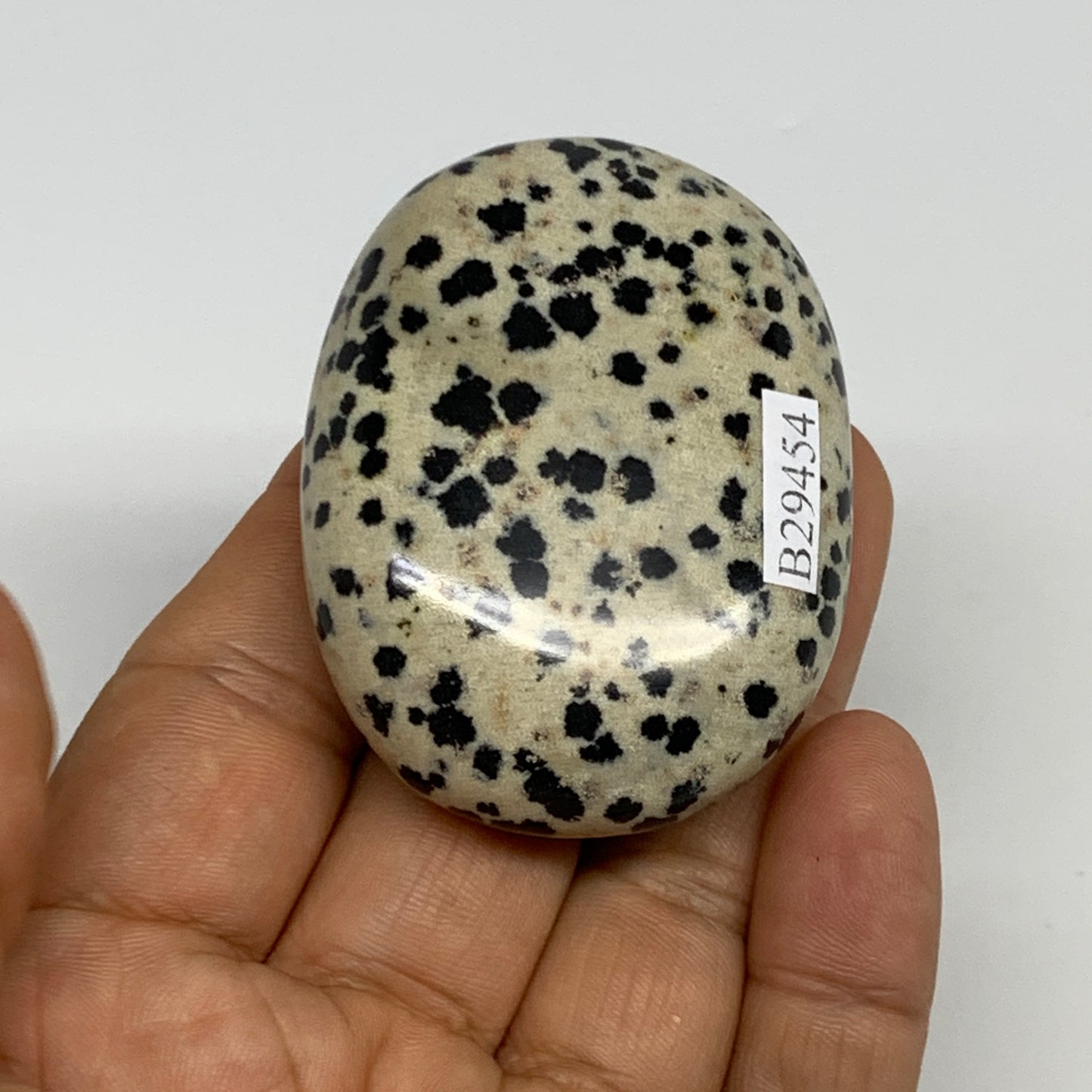 73.3g, 2.2"x1.7"x0.8", Natural Dalmatian Jasper Palm-Stone @India, B29454