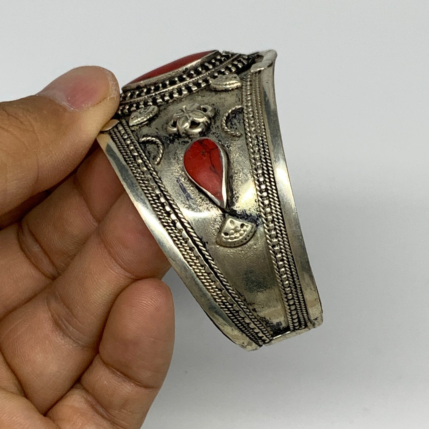 29.3g, 1.6" Turkmen Cuff Bracelet Tribal Small Marquise, Red Coral Inlay, B13496