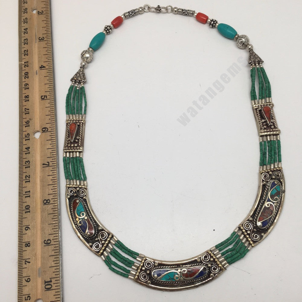 Ethnic Tribal Lapis, Red Coral & Green Turquoise Inlay Statement Necklace,NPN135