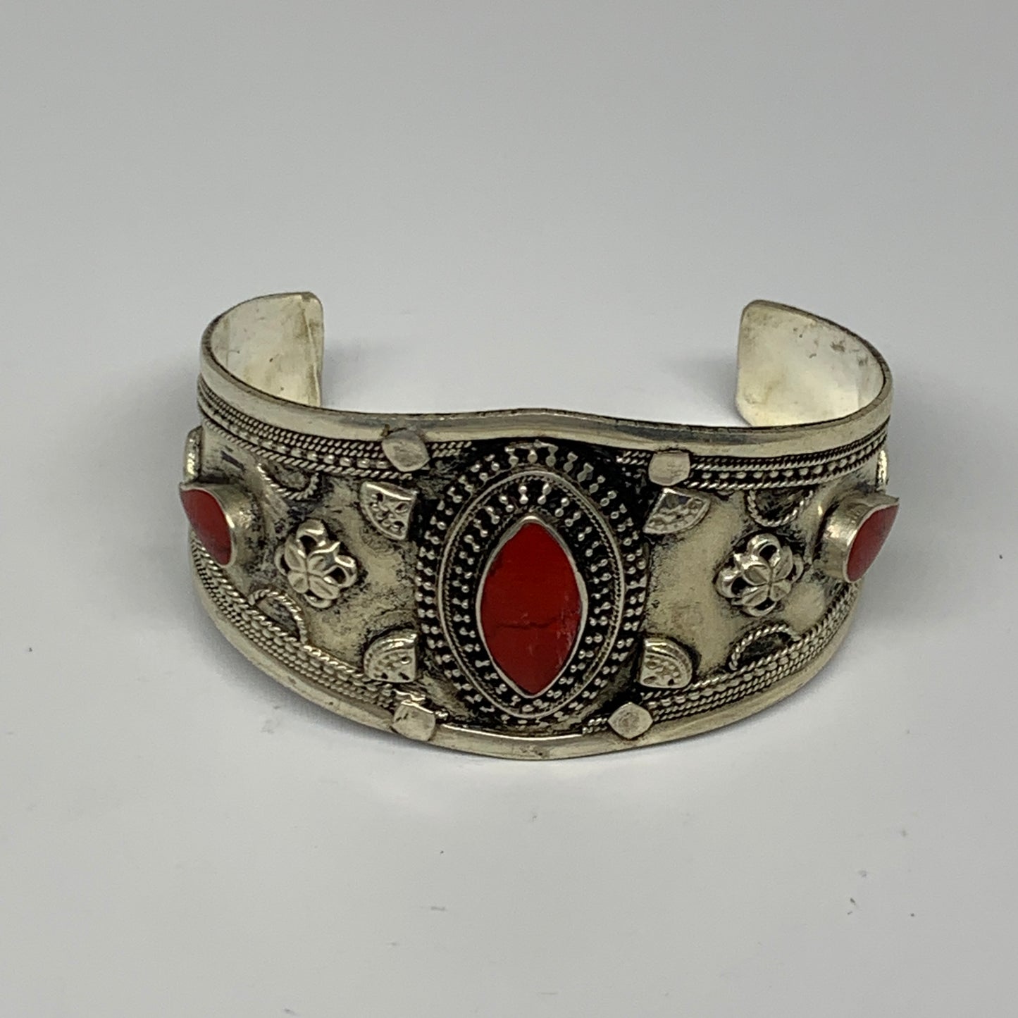 29.3g, 1.6" Turkmen Cuff Bracelet Tribal Small Marquise, Red Coral Inlay, B13496