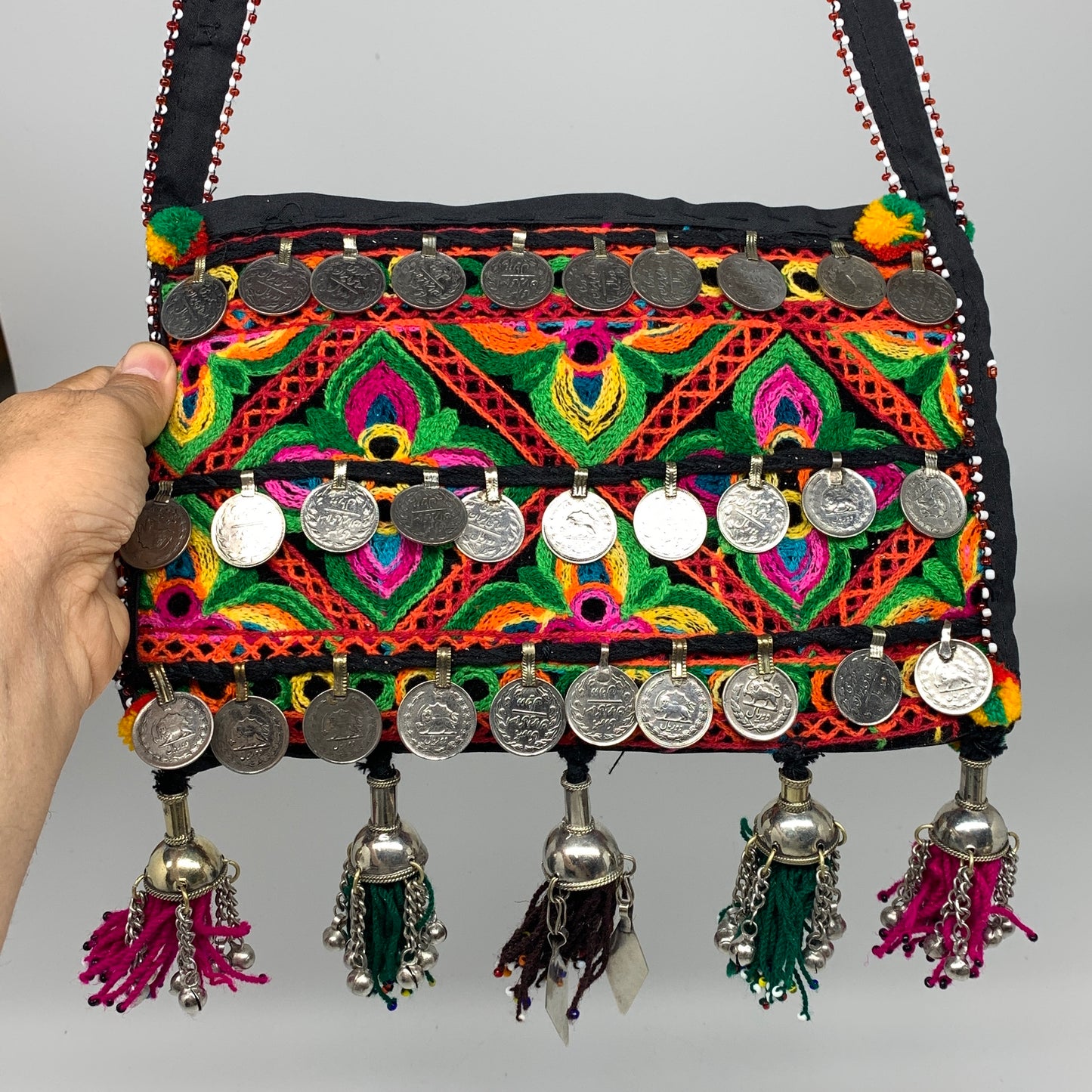 394g,10"x7"Turkmen Handbag Purse Crossbody Handmade Silk Coin @Afghanistan,P135