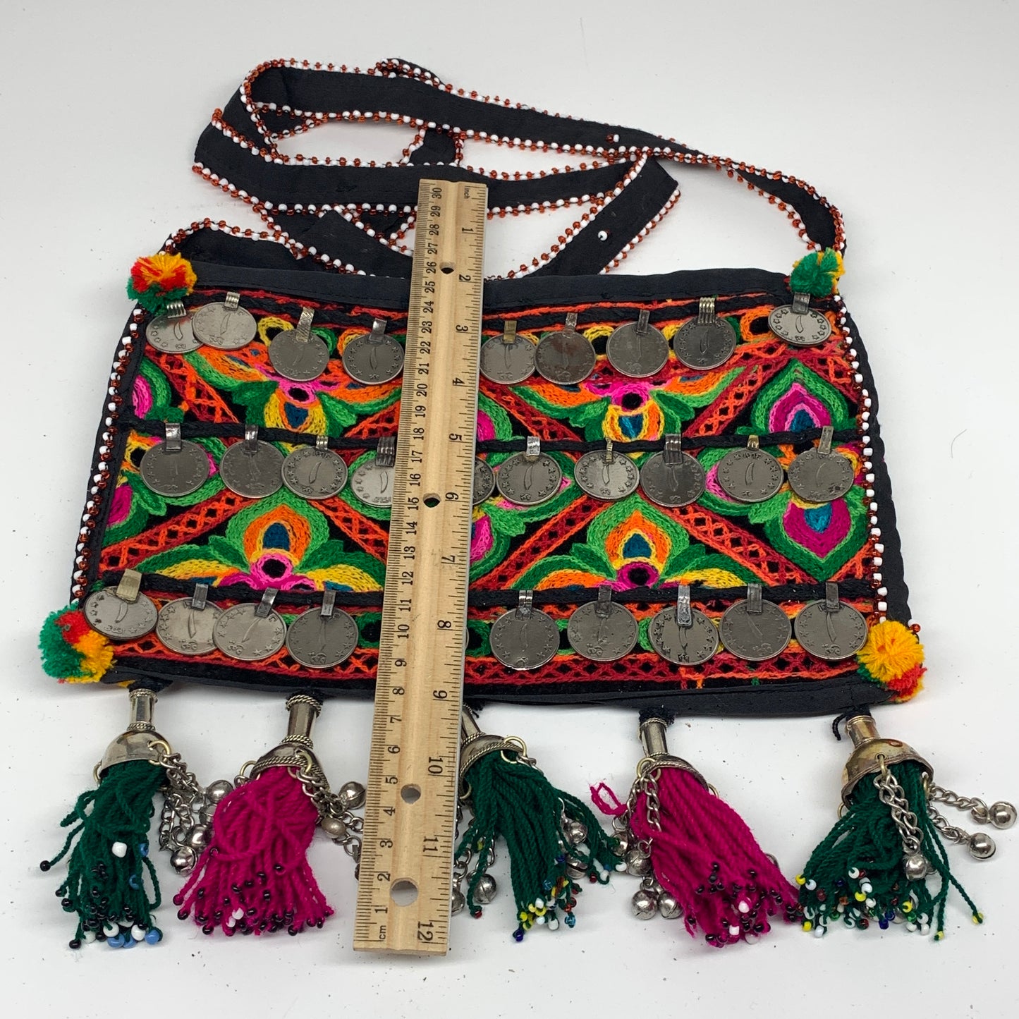 468g,10.5"x7"Turkmen Handbag Purse Crossbody Handmade Silk Coin @Afghanistan,P13