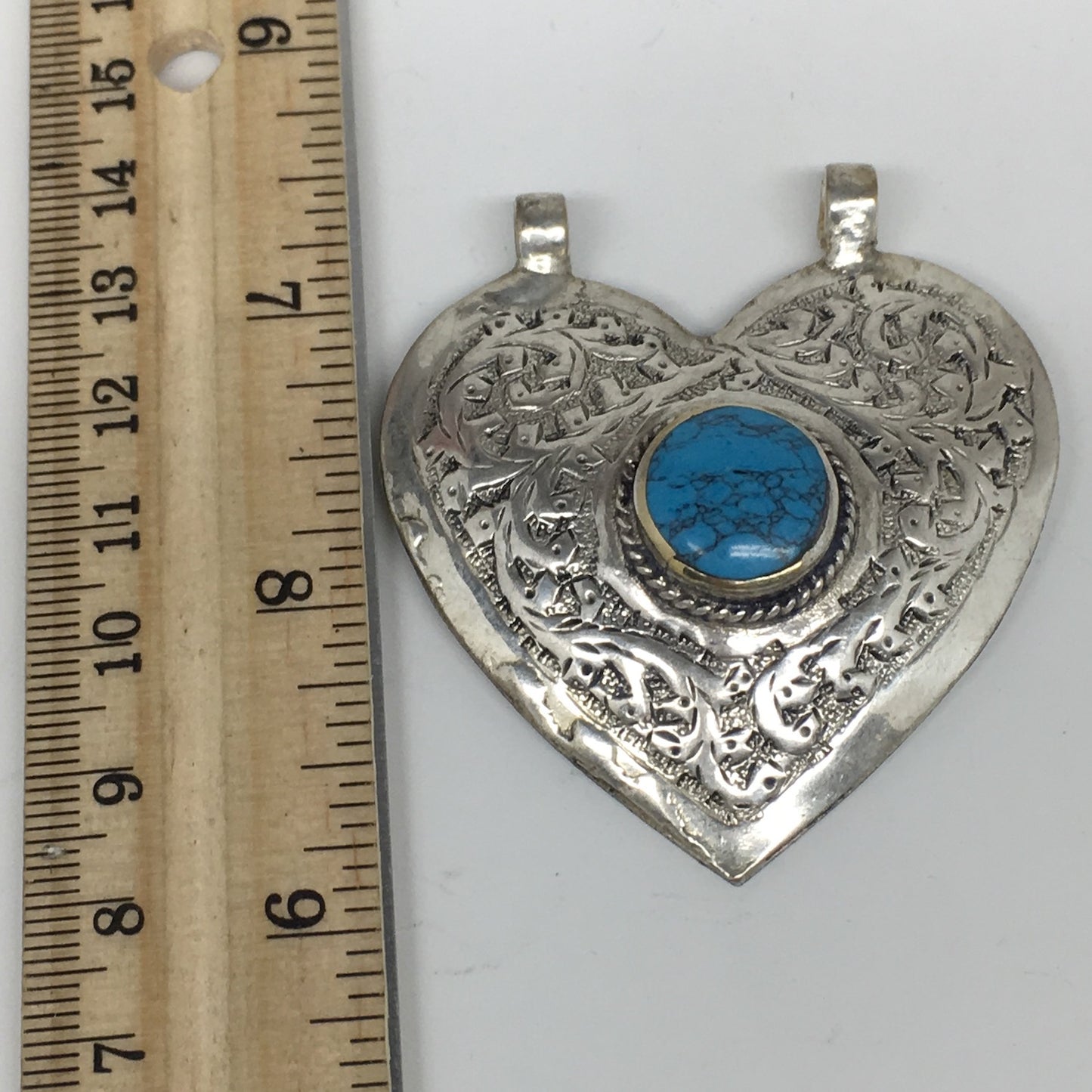 1pc, 2.3"x2.1"x0.5",Turkmen Pendant Blue Turquoise Inlay Heart Handmade,TN552