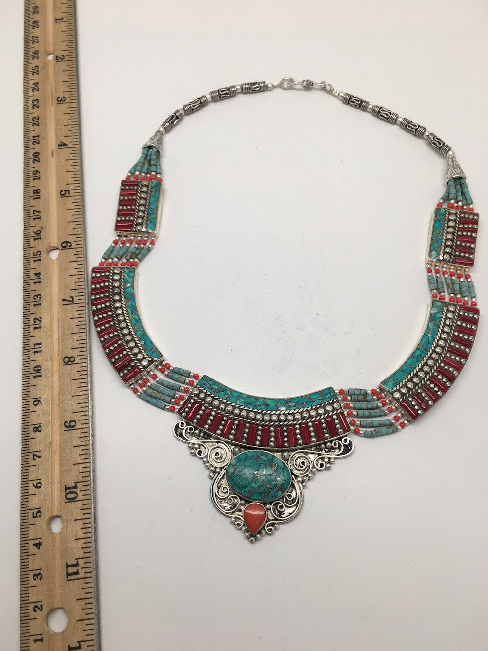 Ethnic Tribal Nepalese tribal Red Coral & Turquoise Inlay Boho Necklace, E216 - watangem.com