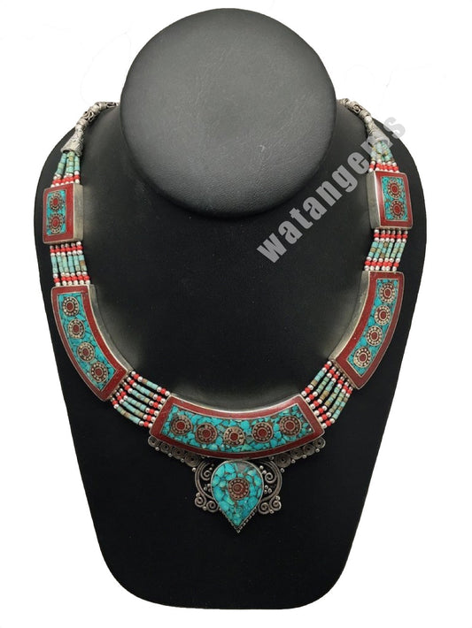 Ethnic Tribal Nepalese tribal Red Coral & Turquoise Inlay Boho Necklace, E230 - watangem.com