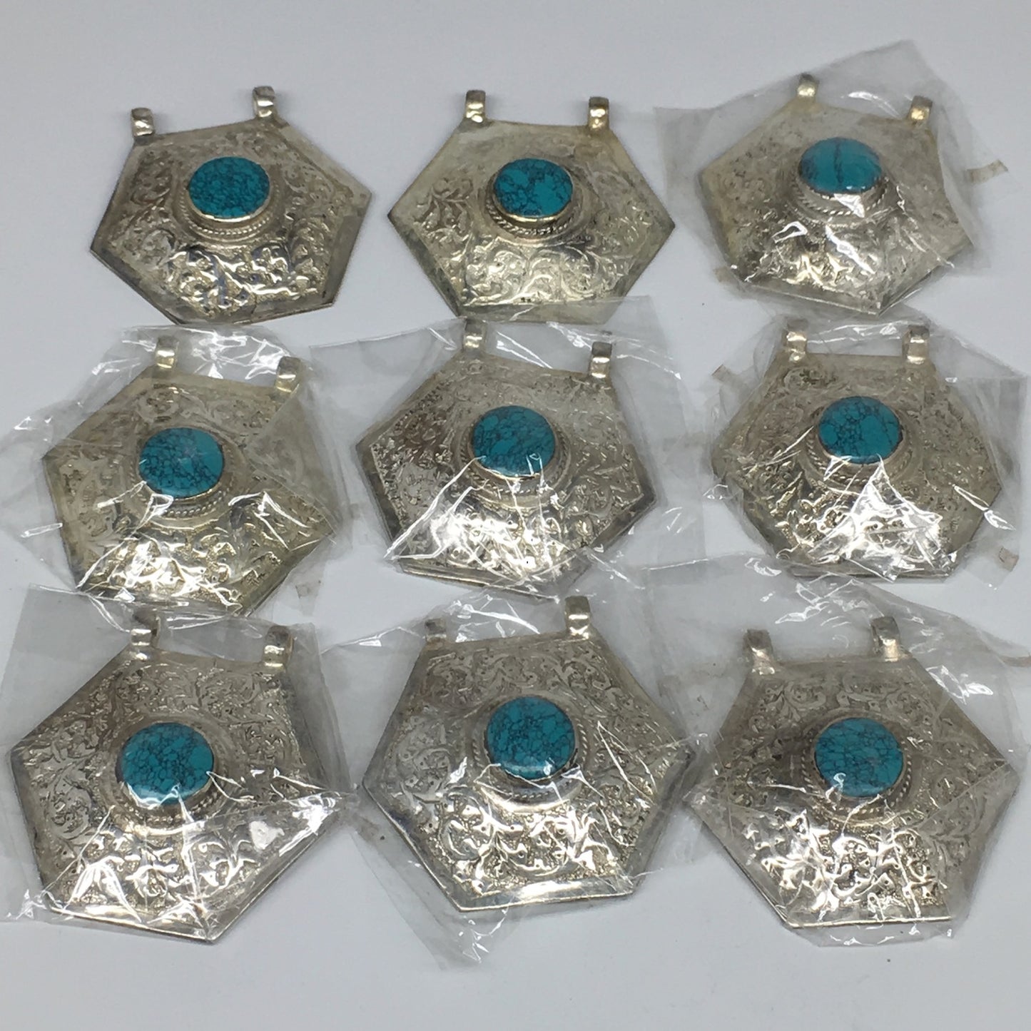 1pc,2.4"x2.4"x0.6",Turkmen Pendant Green Turquoise Inlay Hexagon Shape,TN584