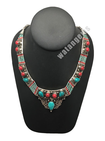 Ethnic Tribal Nepalese Green Turquoise & Red Coral Inlay Bib Boho Necklace,E269