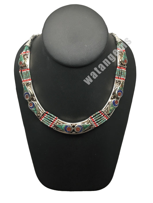 Ethnic Tribal Nepalese Lapis, Green Turquoise & Red Coral Inlay Necklace,E271