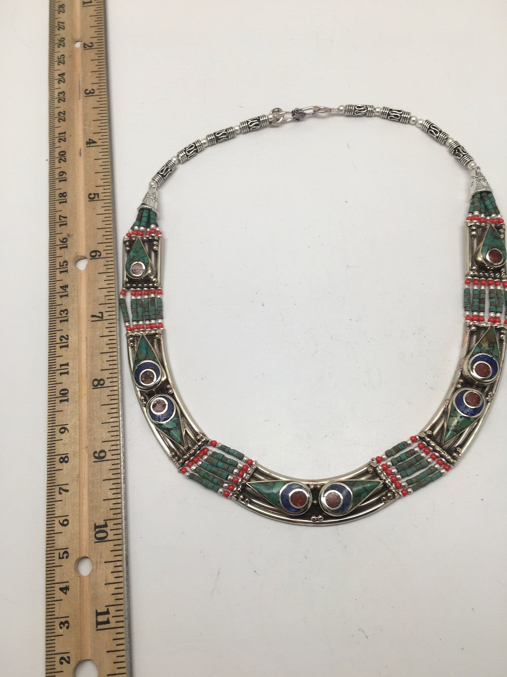 Ethnic Tribal Nepalese Lapis, Green Turquoise & Red Coral Inlay Necklace,E271