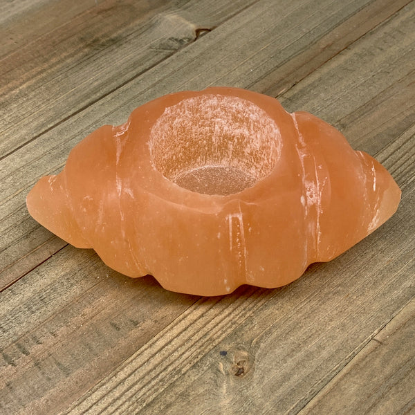 410-450g, 5"x2.9"x2" Orange Selenite Candle Holder Marquise Shape from Morocco