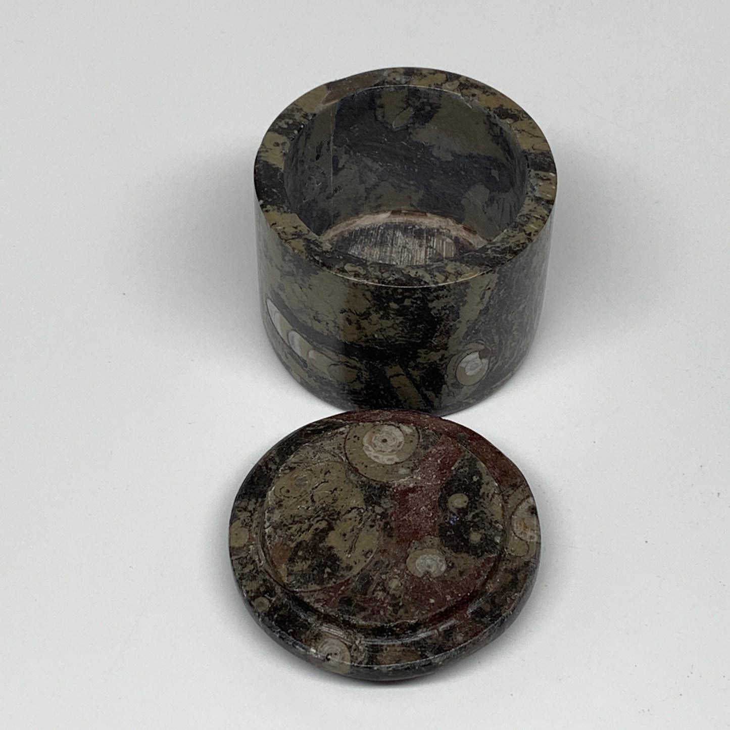 217.9g, 2.1"x2.4" Brown Fossils Ammonite Jewelry Box from Morocco, F2471