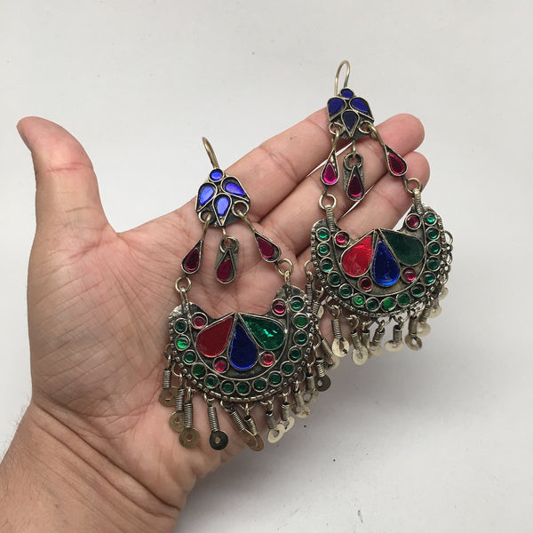 Afghan Kuchi Tribal Boho Chained Jingle Dangle Glass Multi-Color Earrings,KE46