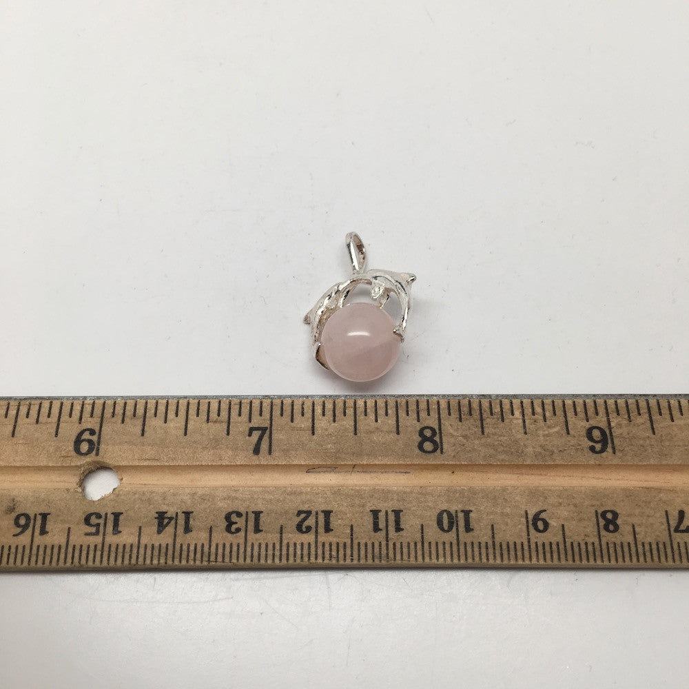 23 cts Rose Quartz Kissing Dolphins Ball Pendant Sterling Silver @Brazil,Dp272
