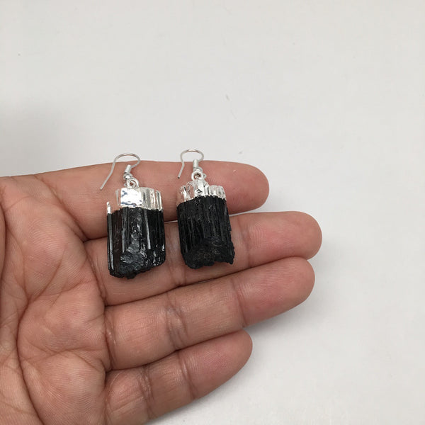 79cts Natural Rough Chunk Black Tourmaline Earrings Silver Plated @Bra –