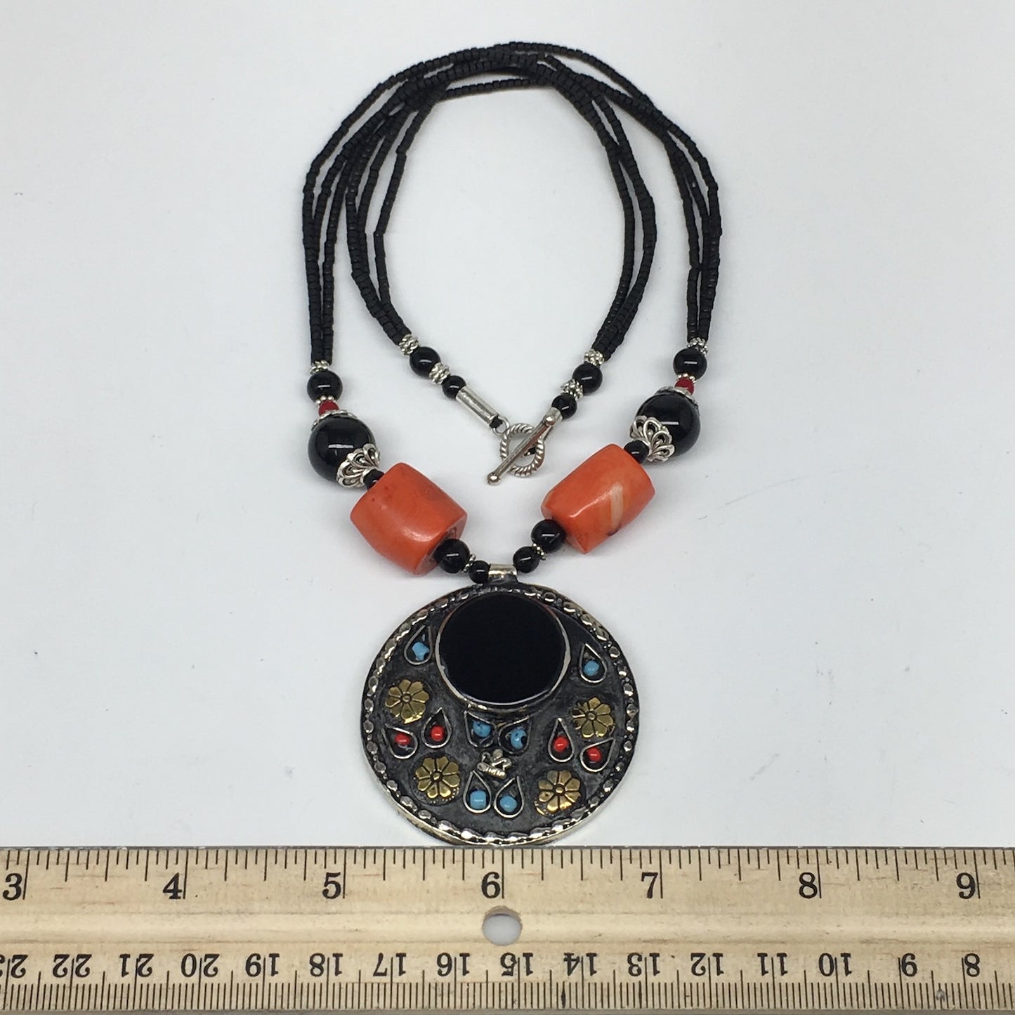 1pc,Turkmen Necklace Pendant Statement Tribal Round Black Carnelian Bead,TN784