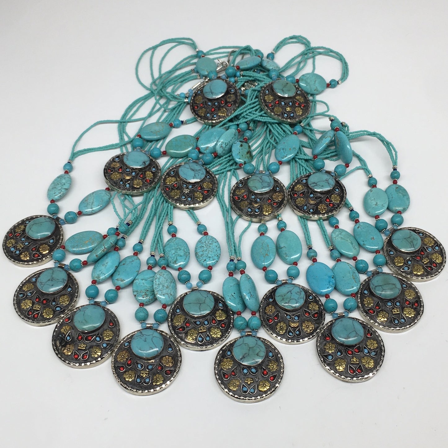 1pc, Turkmen Necklace Pendant Statement Tribal Round Blue Turquoise Inlay, TN806