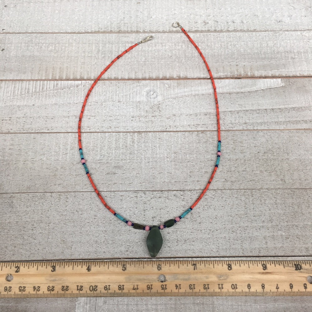 1 Necklace, Nephrite Jade & Red Coral Inlay Beaded Necklace Afghanistan, NPH115 - watangem.com