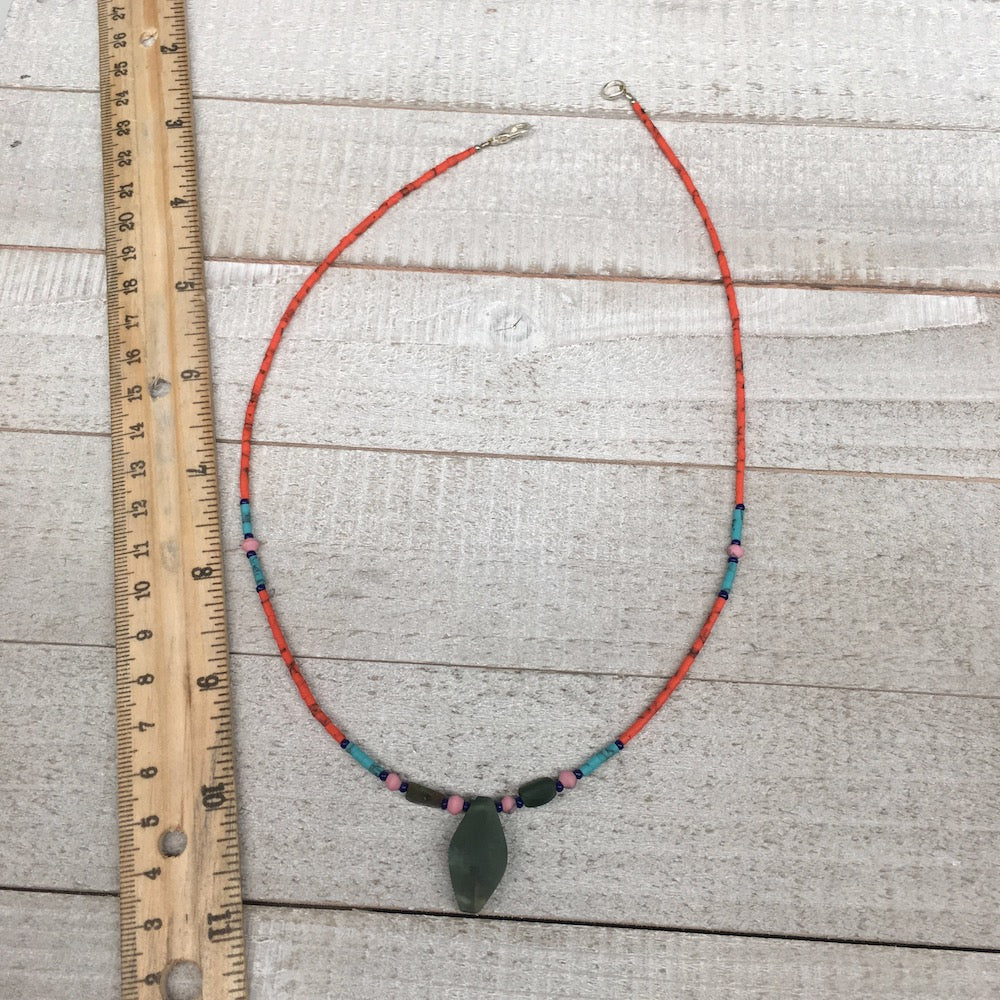 1 Necklace, Nephrite Jade & Red Coral Inlay Beaded Necklace Afghanistan, NPH115 - watangem.com