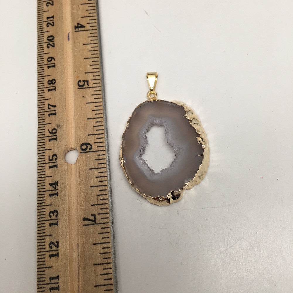 44 cts Agate Druzy Slice Geode Pendant Electroplated Gold Plated @Brazil, C898 - watangem.com