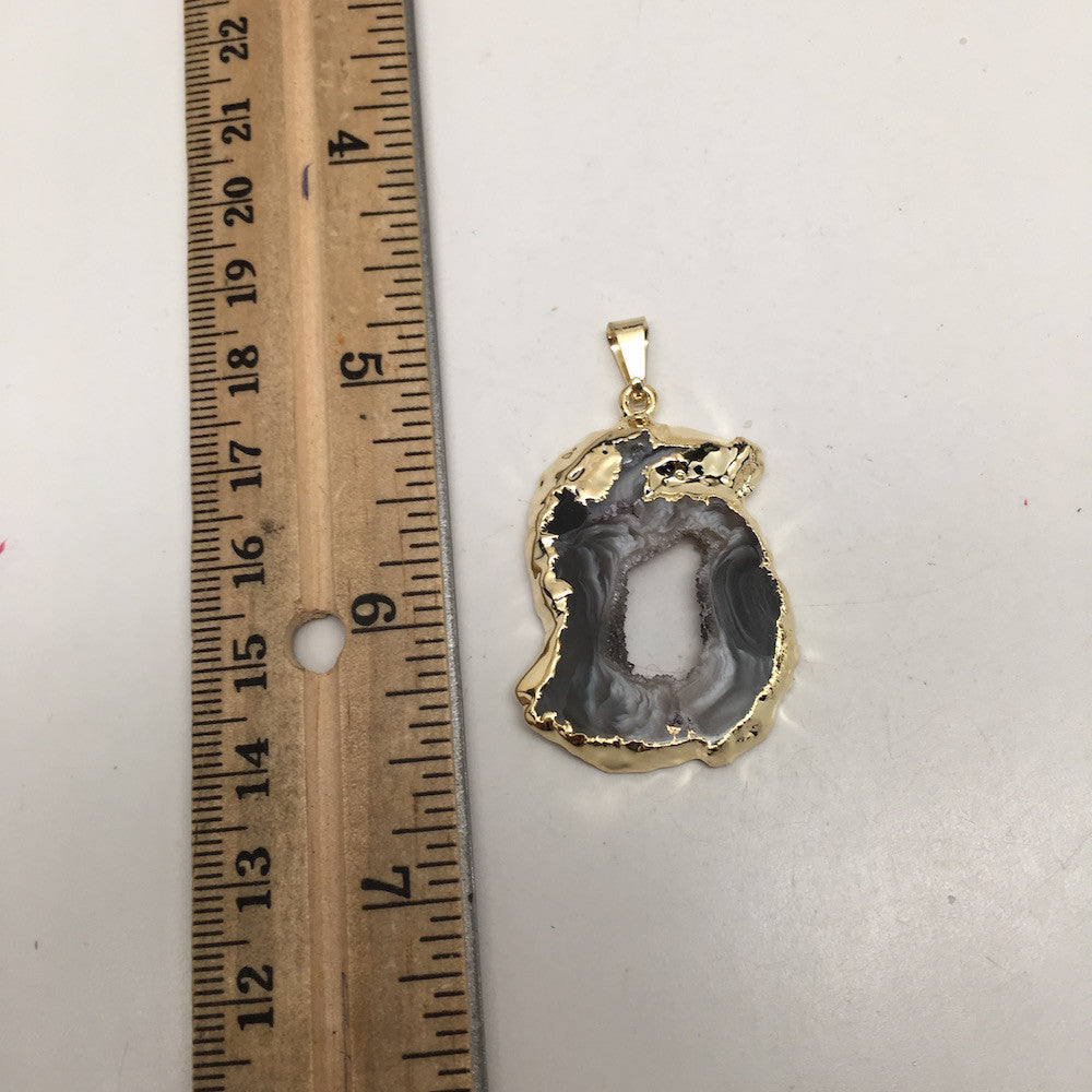 35 cts Agate Druzy Slice Geode Pendant Electroplated Gold Plated @Brazil, C923