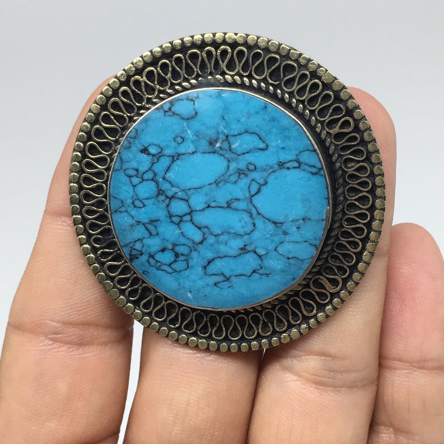1.9"x0.3" Blue Turquoise Inlay Ring Round Shape, Turkmen Ring,7, 7.5,8.5, TR147
