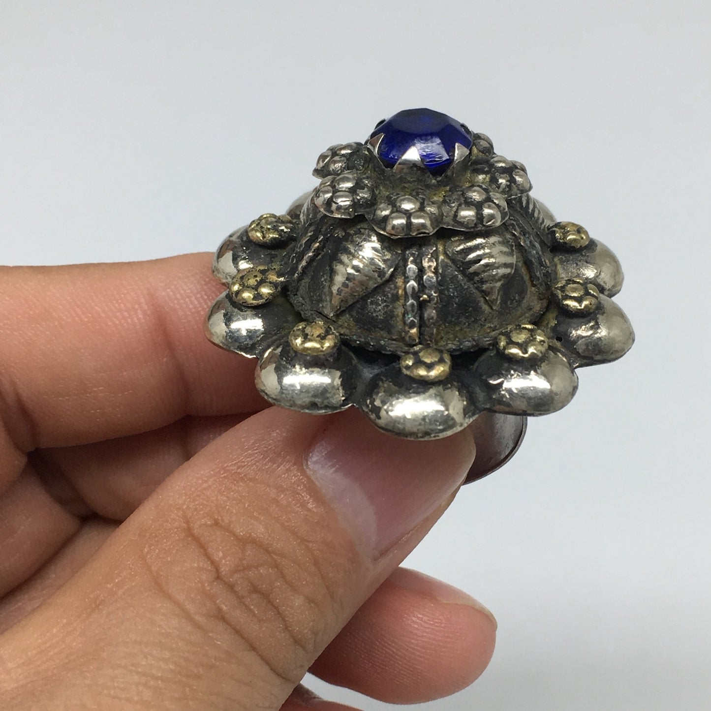 1.6"Antique Tribal Turk/Kuchi Ring Round Blue Boho Glass/Plastic,7.5-9.5,TR194