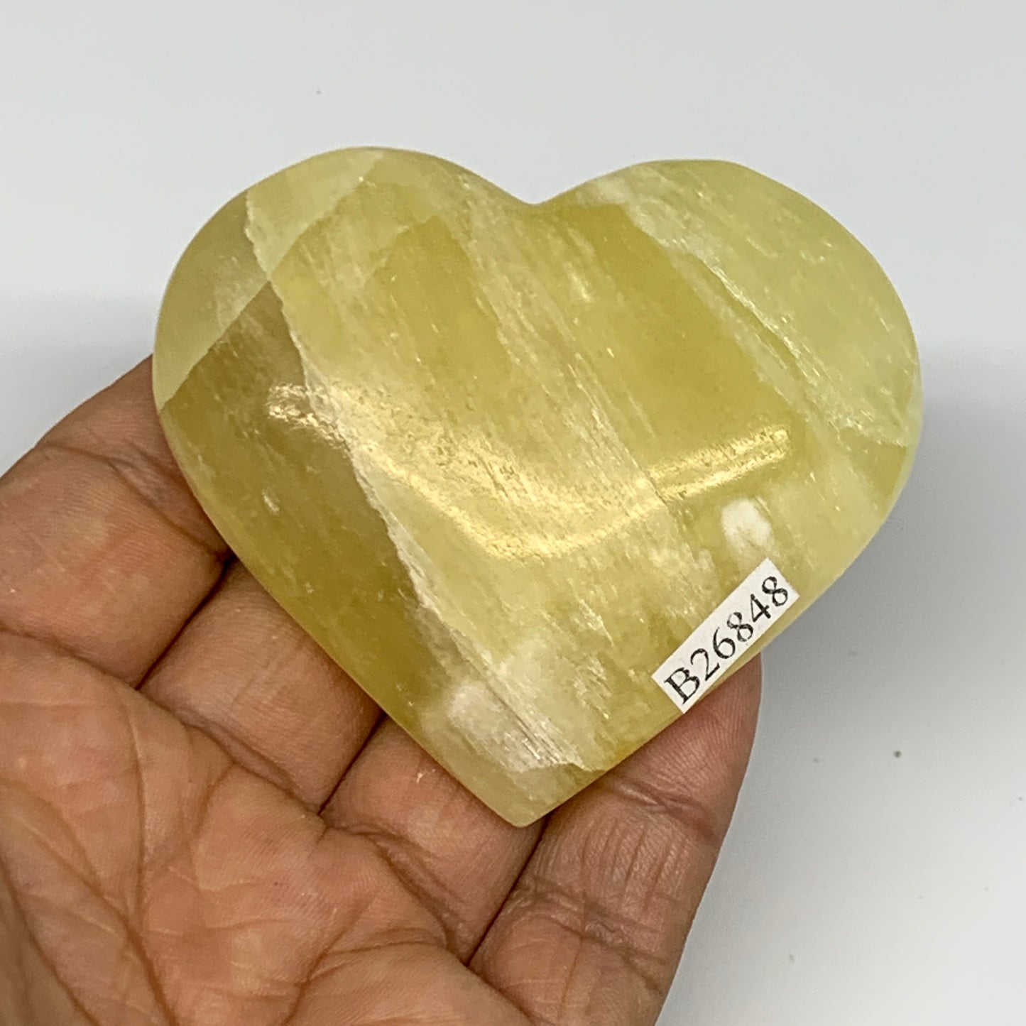 115.2g, 2.3"x2.6"x0.8" Lemon Calcite Heart Crystal Gemstones @Afghanistan,B26848