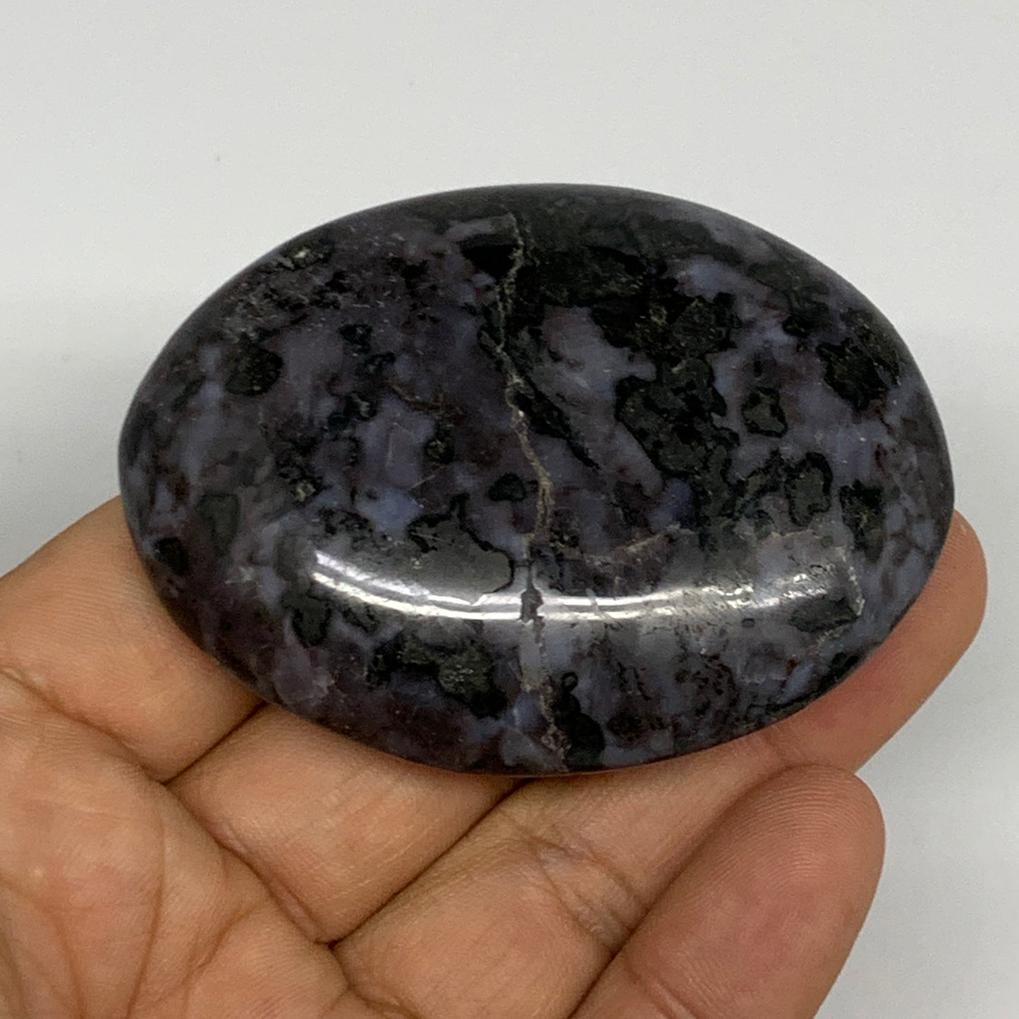 92.1g, 2.6"x1.9"x0.8", Indigo Gabro (Merlinite) Palm-Stone @Madagascar, B24409