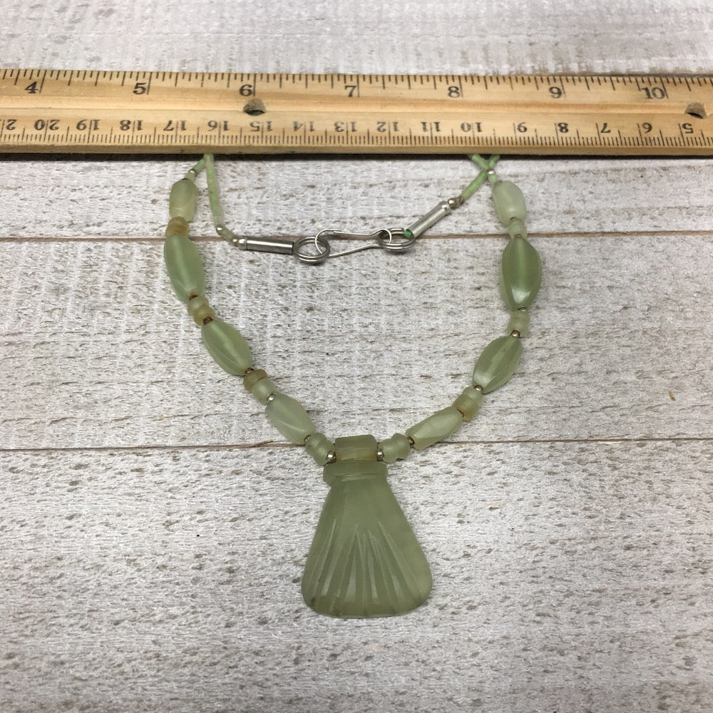 1pc,2mm-42mm, Green Serpentine Flower Carved Beaded Necklace,16"-18",NPH348
