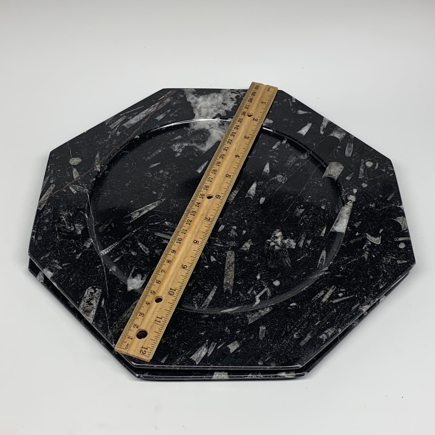 2pcs, 12" Large Octagon Shape Black Fossils Orthoceras Plates @Morocco, B8355