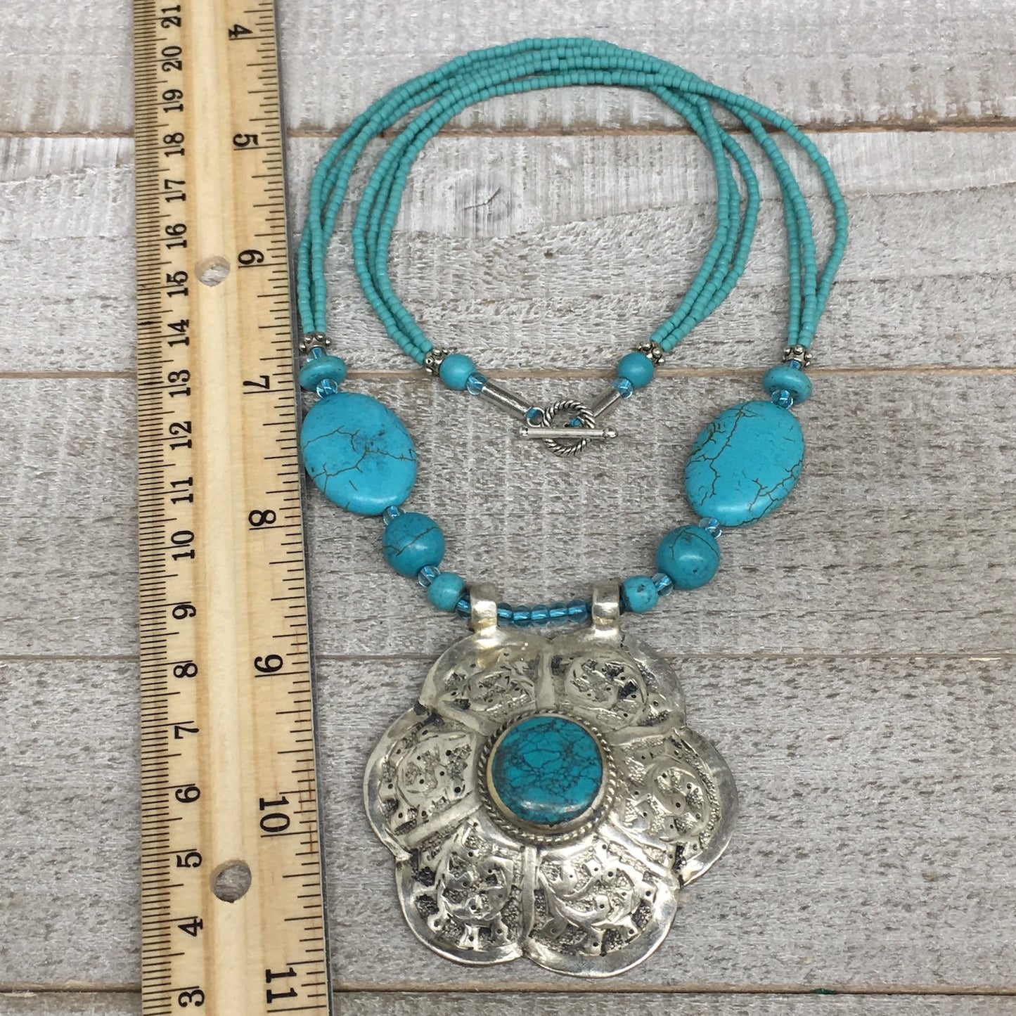 1pc,Turkmen Necklace Pendant Statement Tribal Turquoise Inlay Beaded,20-21",BN23