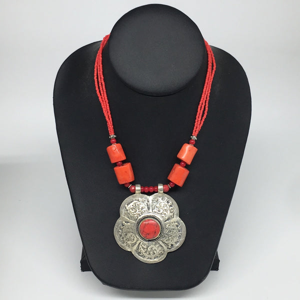 1pc, Turkmen Necklace Pendant Statement Tribal Coral Inlay Beaded,20-21", BN28