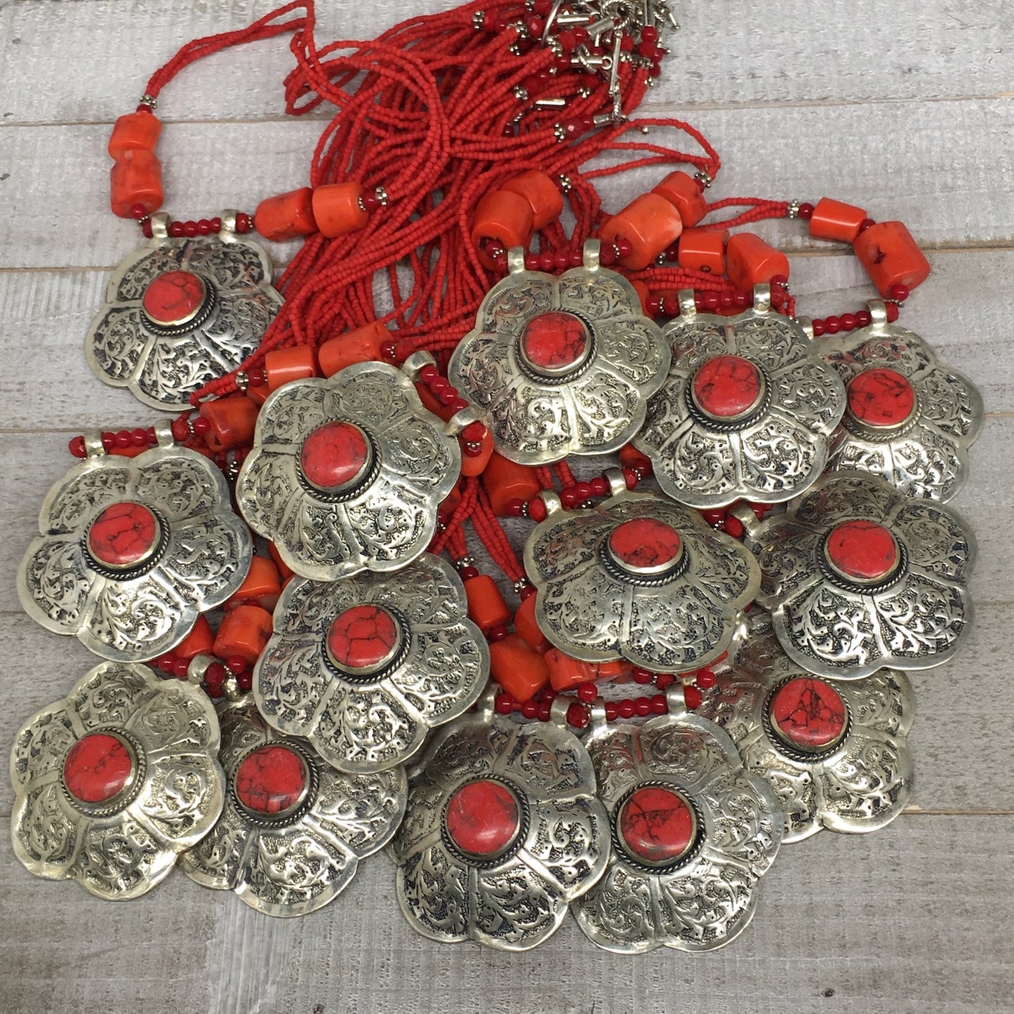 1pc, Turkmen Necklace Pendant Statement Tribal Coral Inlay Beaded,20-21", BN28