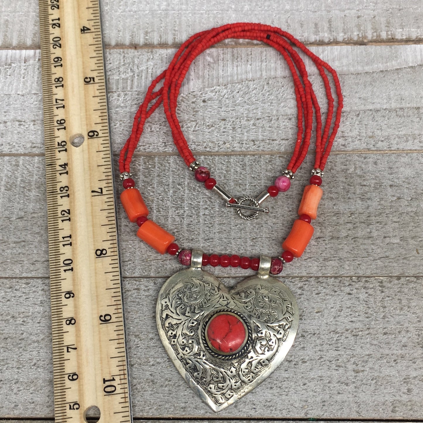 1pc, Turkmen Necklace Pendant Statement Tribal Coral Inlay Beaded,20-21", BN36