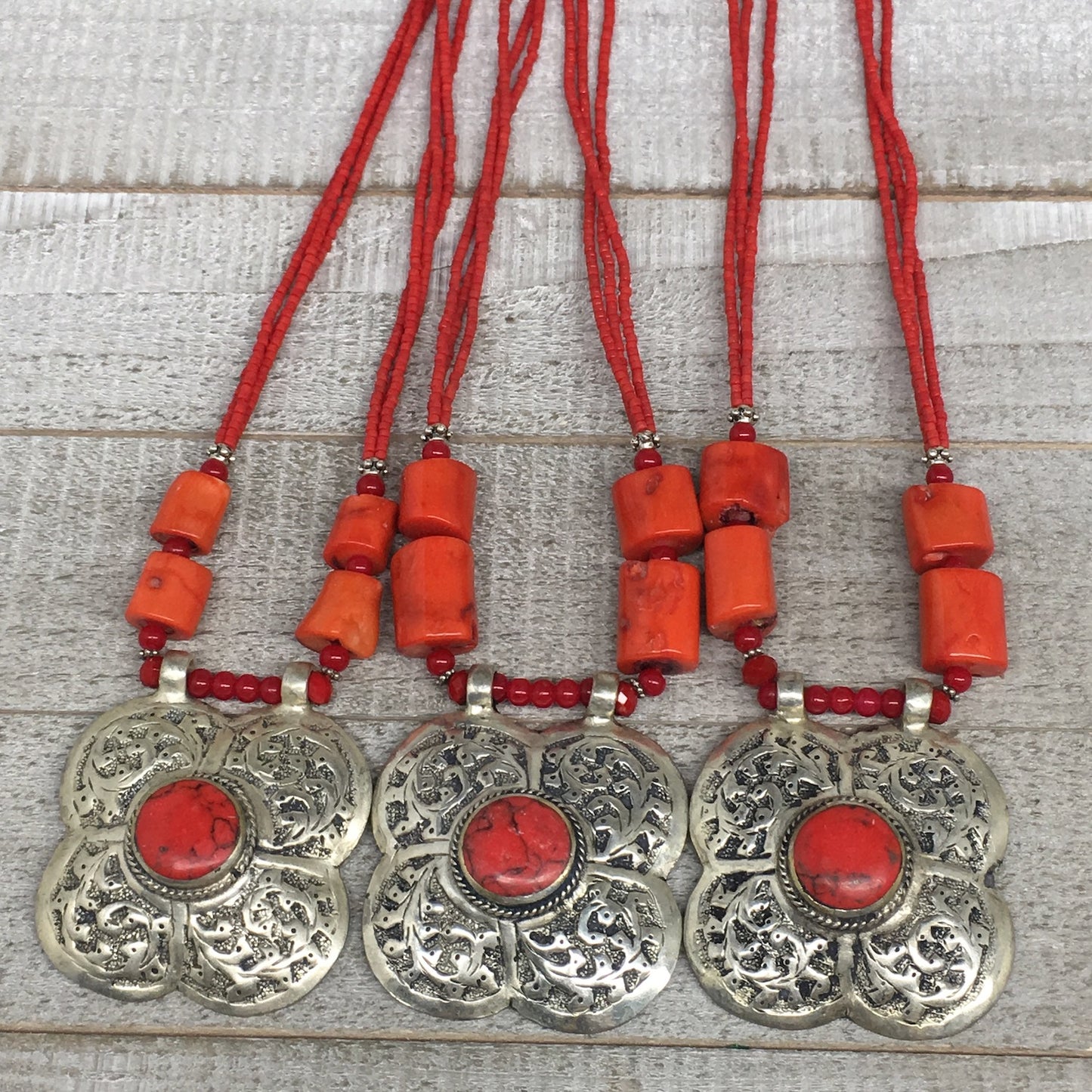 1pc, Turkmen Necklace Pendant Statement Tribal Coral Inlay Beaded,20-21", BN38