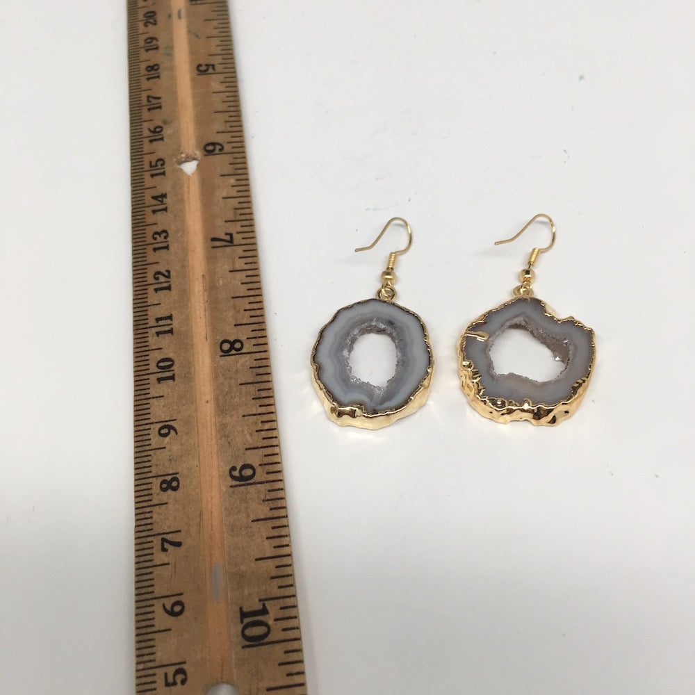 8.9 grams, 1.8" Agate Druzy Slice Geode Gold Plated Earrings from Brazil, BE116 - watangem.com