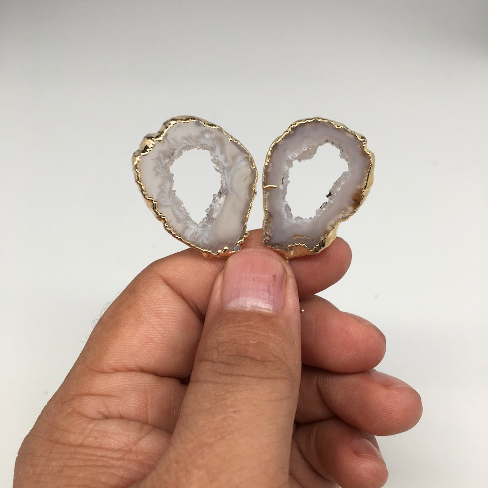9.7 grams, 2" Agate Druzy Slice Geode Gold Plated Earrings from Brazil, BE130 - watangem.com