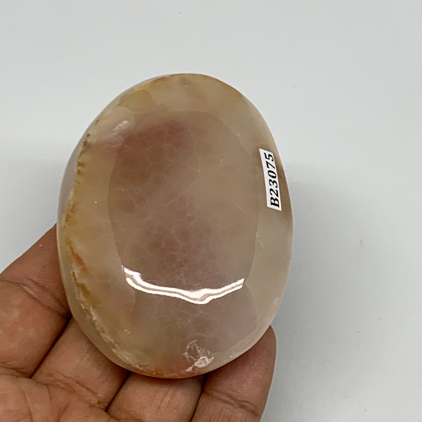 155.1g,3"x2.2"x1",Pink Calcite Palm-Stone Crystal Polished,B23075