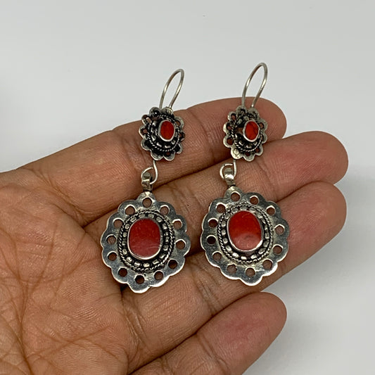 1pc, Handmade Turkmen Earring Tribal Jewelry Red Coral Inlay Oval Boho, B14195