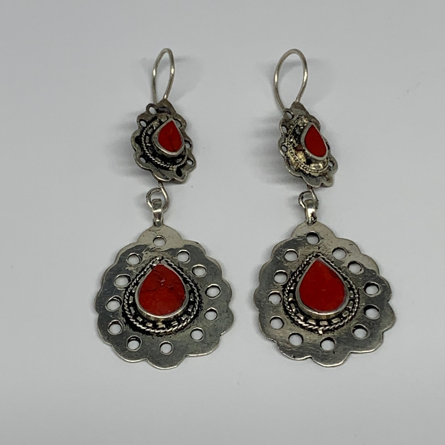1pc, Handmade Turkmen Earring Tribal Jewelry Red Coral Inlay Teardrop Boho, B141