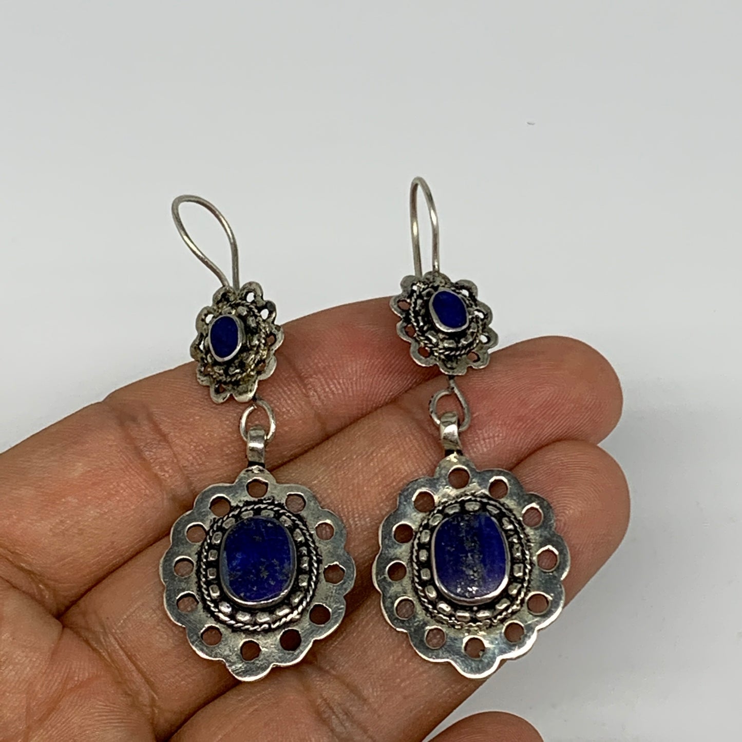 1pc, Handmade Turkmen Earring Tribal Jewelry Lapis Inlay Oval Boho, B14208