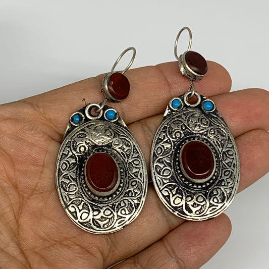 1pr, 2.5"x1.1" Turkmen Earring Tribal Jewelry Carnelian Oval Boho, B14305